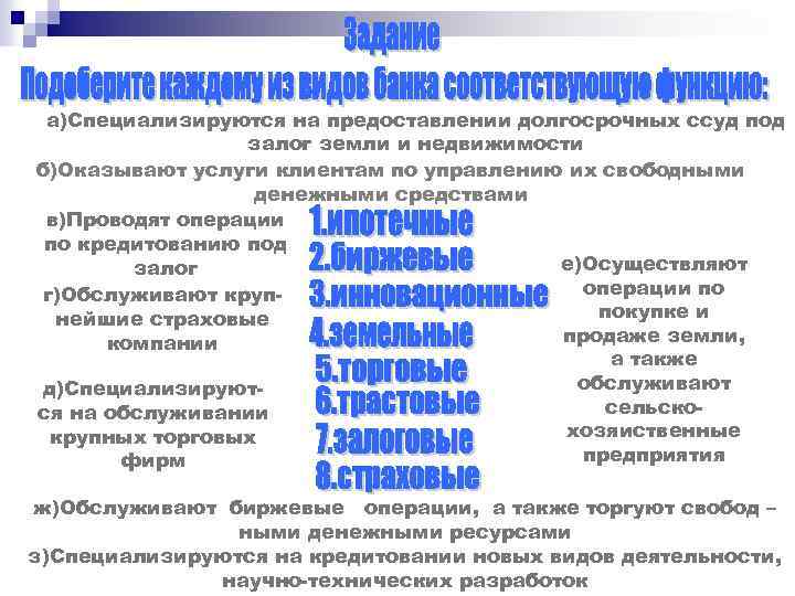 а)Специализируются на предоставлении долгосрочных ссуд под залог земли и недвижимости б)Оказывают услуги клиентам по