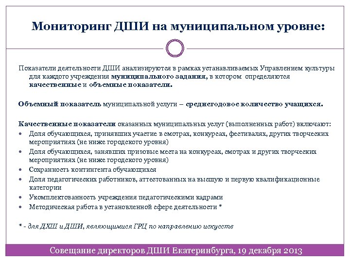 Мониторинг ДШИ на муниципальном уровне: Показатели деятельности ДШИ анализируются в рамках устанавливаемых Управлением культуры