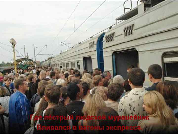 Где пёстрый людской муравейник Вливался в вагоны экспресса. 