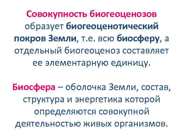 Совокупность биогеоценозов образует биогеоценотический покров Земли, т. е. всю биосферу, а отдельный биогеоценоз составляет