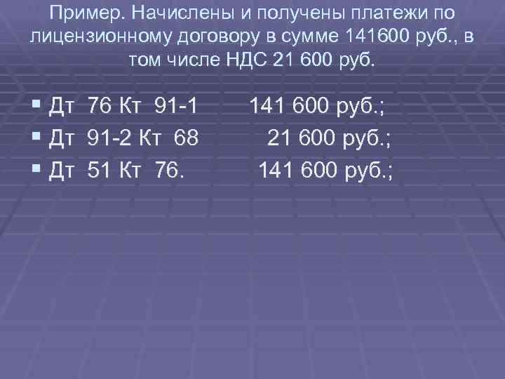Пример. Начислены и получены платежи по лицензионному договору в сумме 141600 руб. , в