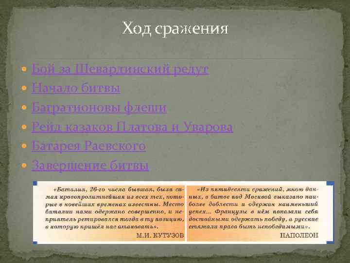 Ход сражения Бой за Шевардинский редут Начало битвы Багратионовы флеши Рейд казаков Платова и