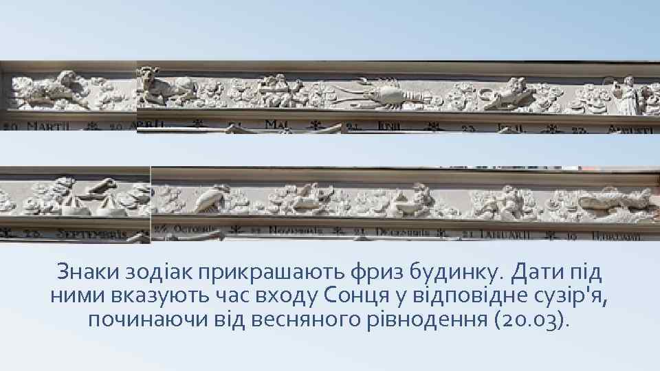 Знаки зодіак прикрашають фриз будинку. Дати під ними вказують час входу Сонця у відповідне