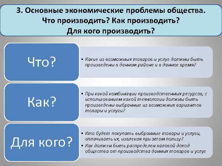 3. Основные экономические проблемы общества. Что производить? Как производить? Для кого производить? Что? •