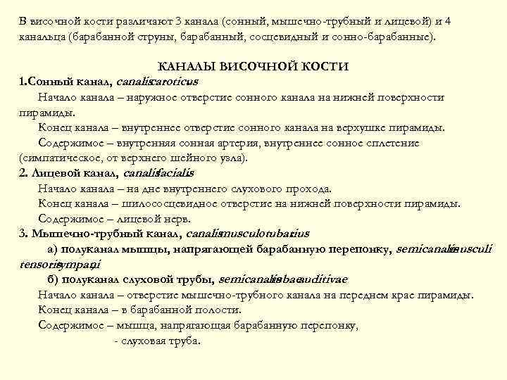 В височной кости различают 3 канала (сонный, мышечно-трубный и лицевой) и 4 канальца (барабанной