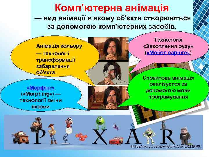 Комп'ютерна анімація — вид анімації в якому об'єкти створюються. за допомогою комп'ютерних засобів. Анімація