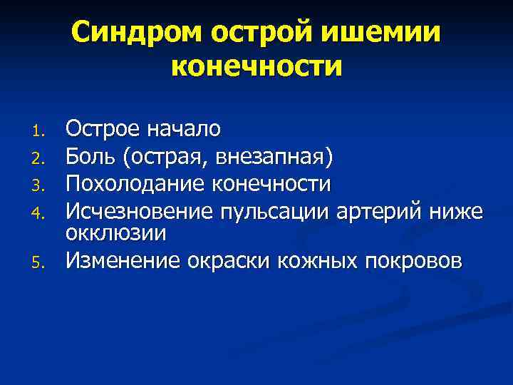 Синдром острой ишемии конечности 1. 2. 3. 4. 5. Острое начало Боль (острая, внезапная)