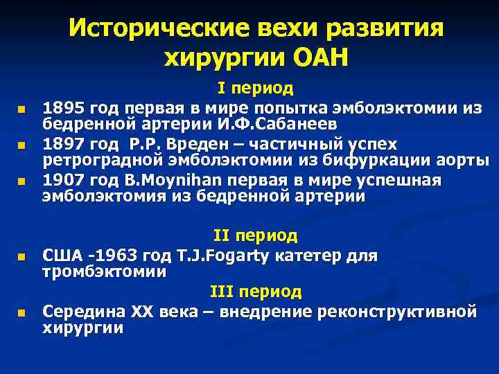 Исторические вехи развития хирургии ОАН n n n I период 1895 год первая в