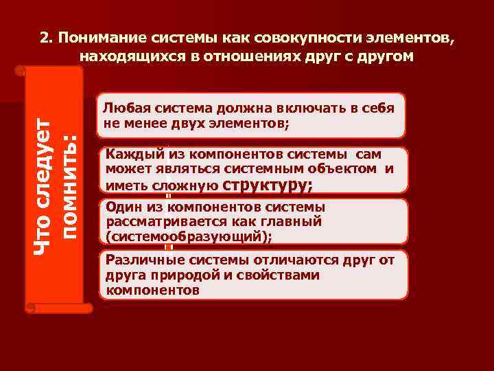 Что следует помнить: 2. Понимание системы как совокупности элементов, находящихся в отношениях друг с