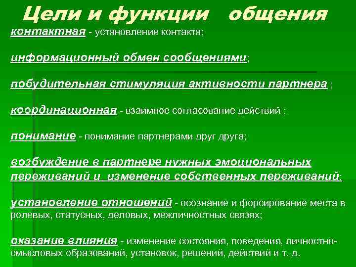 Цели и функции общения контактная - установление контакта; информационный обмен сообщениями; побудительная стимуляция активности