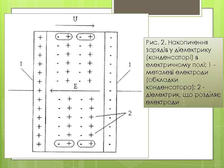 Рис. 2. Накопичення зарядів у діелектрику (конденсаторі) в електричному полі: 1 металеві електроди (обкладки
