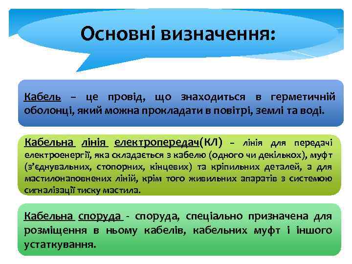 Основні визначення: Кабель – це провід, що знаходиться в герметичній оболонці, який можна прокладати