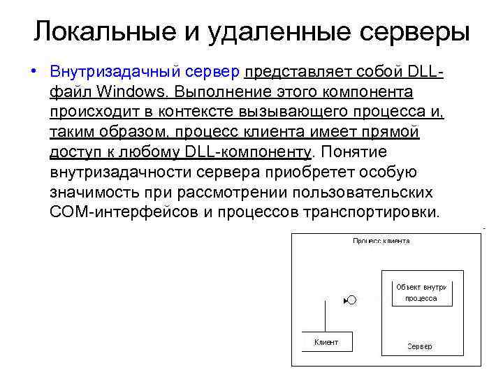 Локальные и удаленные серверы • Внутризадачный сервер представляет собой DLLфайл Windows. Выполнение этого компонента