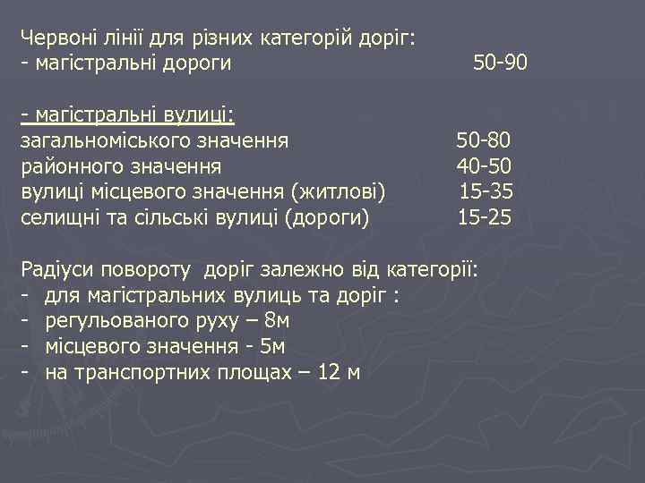 Червоні лінії для різних категорій доріг: магістральні дороги магістральні вулиці: загальноміського значення районного значення