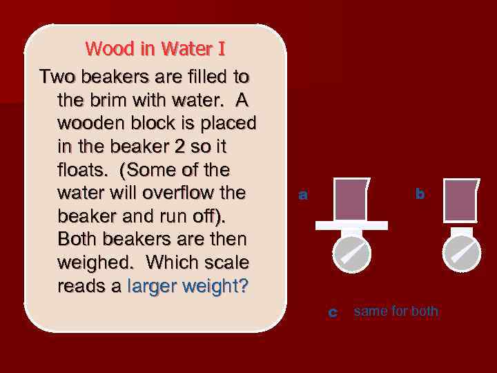 Wood in Water I Two beakers are filled to the brim with water. A