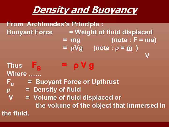 Density and Buoyancy From Archimedes’s Principle : Buoyant Force = Weight of fluid displaced