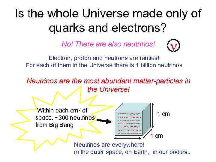 Is the whole Universe made only of quarks and electrons? No! There also neutrinos!