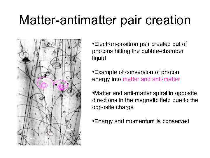 Matter-antimatter pair creation • Electron-positron pair created out of photons hitting the bubble-chamber liquid