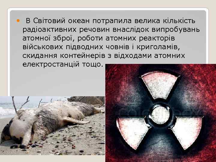  В Світовий океан потрапила велика кількість радіоактивних речовин внаслідок випробувань атомної зброї, роботи