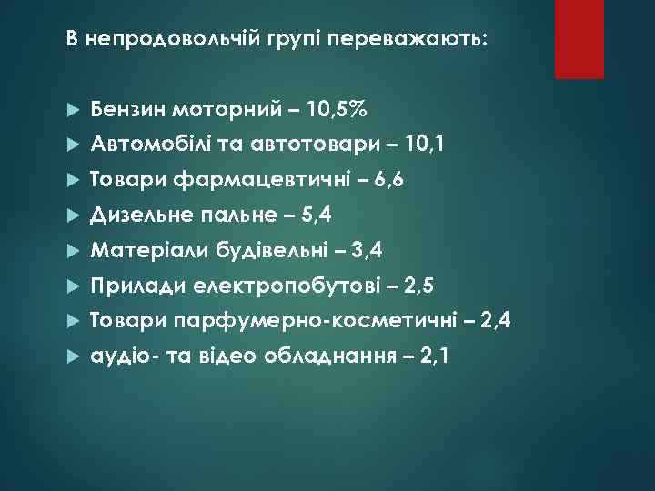 В непродовольчій групі переважають: Бензин моторний – 10, 5% Автомобілі та автотовари – 10,