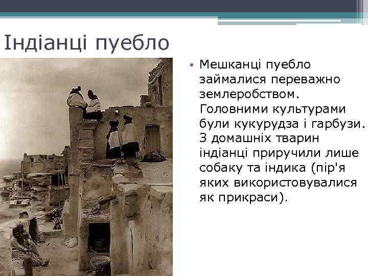 Індіанці пуебло • Мешканці пуебло займалися переважно землеробством. Головними культурами були кукурудза і гарбузи.