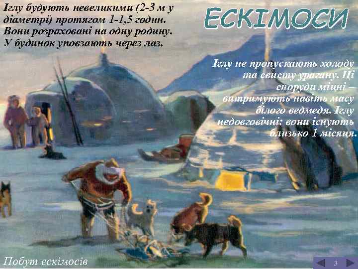 Іглу будують невеликими (2 -3 м у діаметрі) протягом 1 -1, 5 годин. Вони