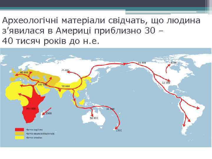 Археологічні матеріали свідчать, що людина з’явилася в Америці приблизно 30 – 40 тисяч років