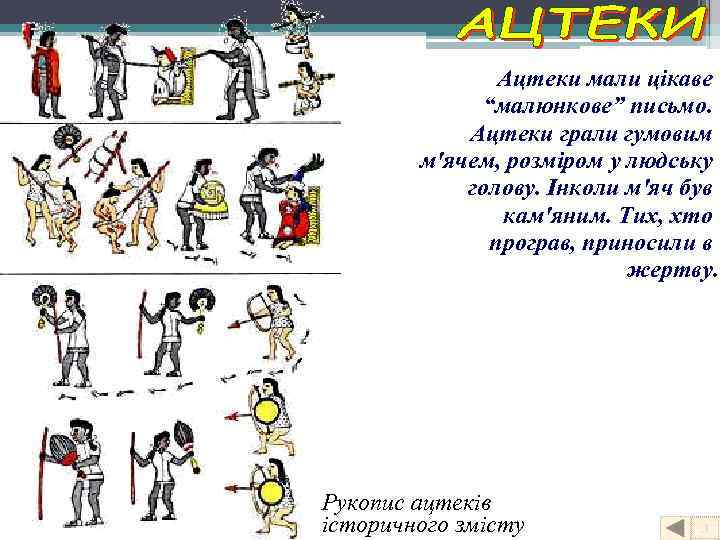 Ацтеки мали цікаве “малюнкове” письмо. Ацтеки грали гумовим м'ячем, розміром у людську голову. Інколи