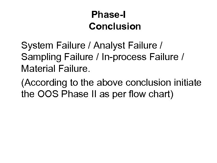 Phase-I Conclusion System Failure / Analyst Failure / Sampling Failure / In-process Failure /