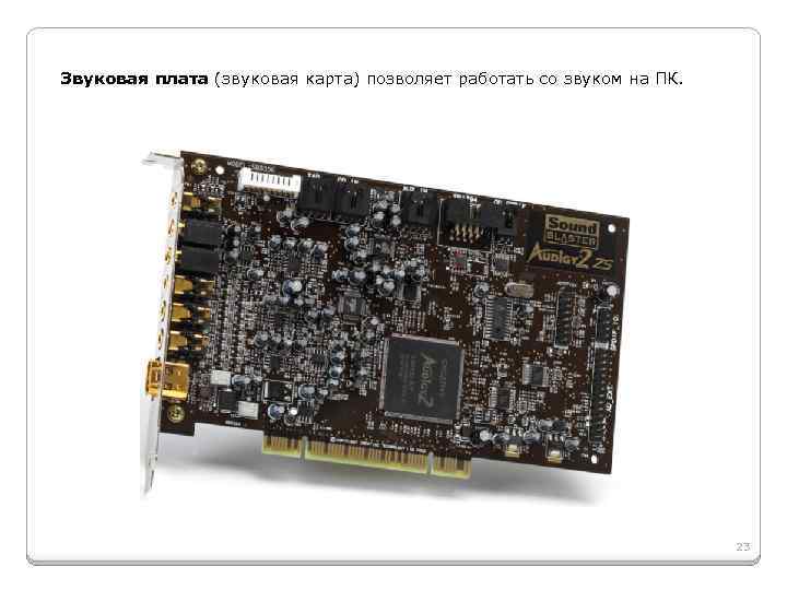 Звуковая плата (звуковая карта) позволяет работать со звуком на ПК. 23 