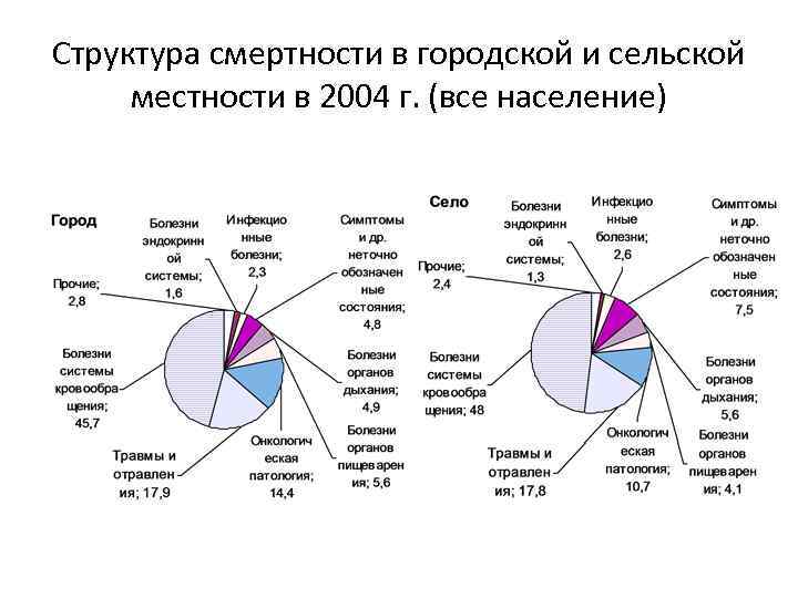 Структура смертности в городской и сельской местности в 2004 г. (все население) 