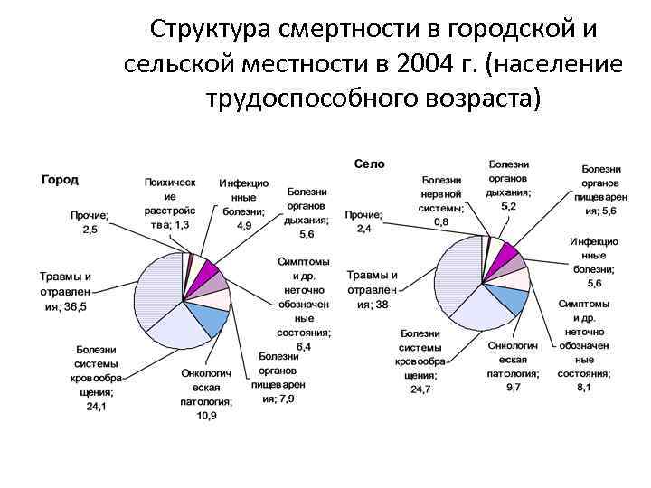 Структура смертности в городской и сельской местности в 2004 г. (население трудоспособного возраста) 