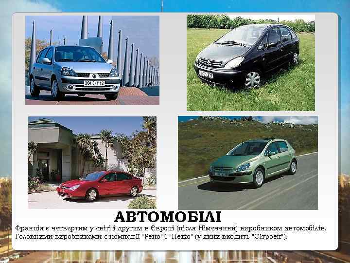 АВТОМОБІЛІ Франція є четвертим у світі і другим в Європі (після Німеччини) виробником автомобілів.