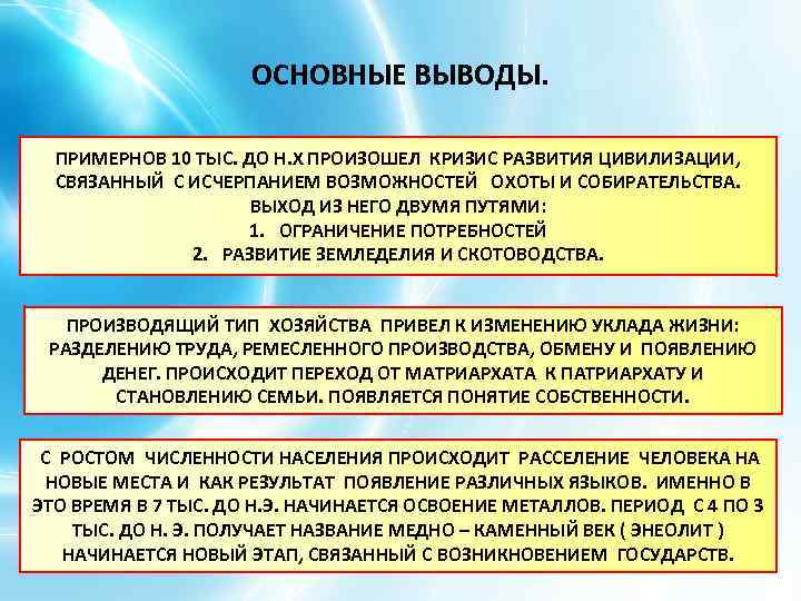 ОСНОВНЫЕ ВЫВОДЫ. ПРИМЕРНОВ 10 ТЫС. ДО Н. Х ПРОИЗОШЕЛ КРИЗИС РАЗВИТИЯ ЦИВИЛИЗАЦИИ, СВЯЗАННЫЙ С