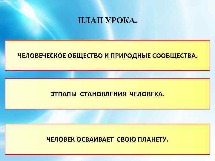 ПЛАН УРОКА. ЧЕЛОВЕЧЕСКОЕ ОБЩЕСТВО И ПРИРОДНЫЕ СООБЩЕСТВА. ЭТПАПЫ СТАНОВЛЕНИЯ ЧЕЛОВЕКА. ЧЕЛОВЕК ОСВАИВАЕТ СВОЮ ПЛАНЕТУ.