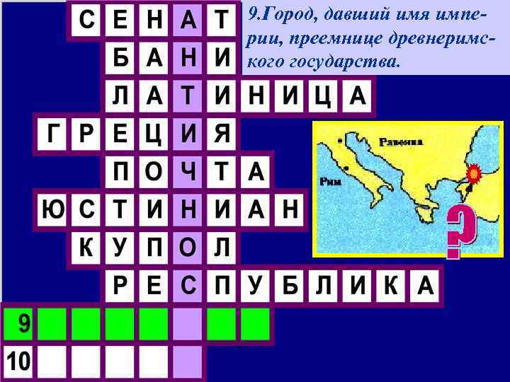 9. Город, давший имя империи, преемнице древнеримского государства. 