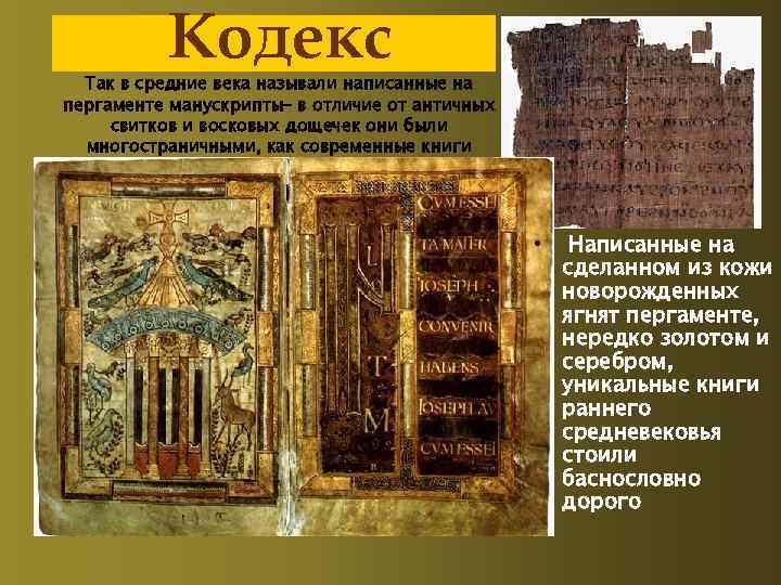 Кодекс Так в средние века называли написанные на пергаменте манускрипты– в отличие от античных