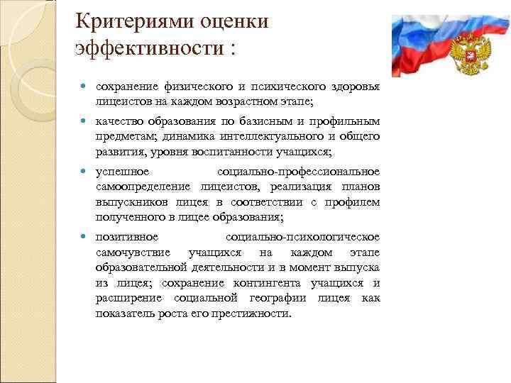 Критериями оценки эффективности : сохранение физического и психического здоровья лицеистов на каждом возрастном этапе;