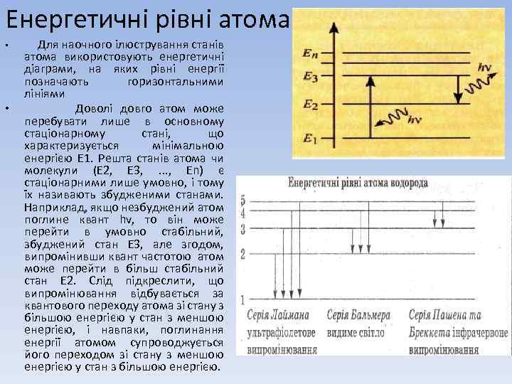 Енергетичні рівні атома • • Для наочного ілюстрування станів атома використовують енергетичні діаграми, на