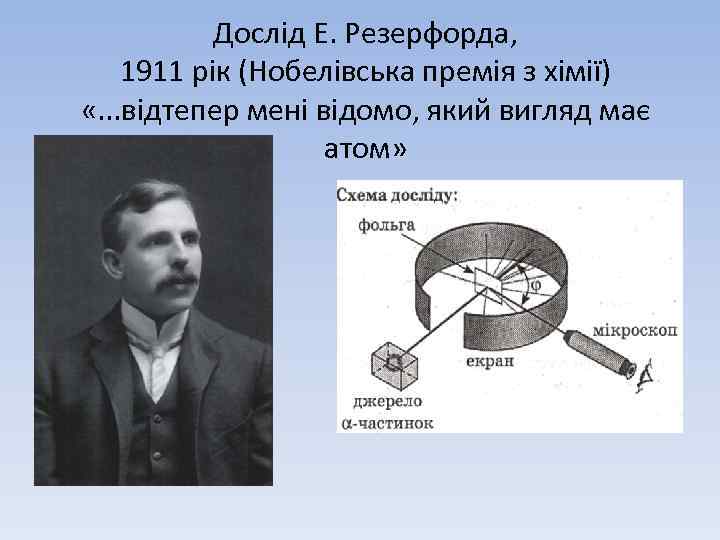 Дослід Е. Резерфорда, 1911 рік (Нобелівська премія з хімії) «. . . відтепер мені