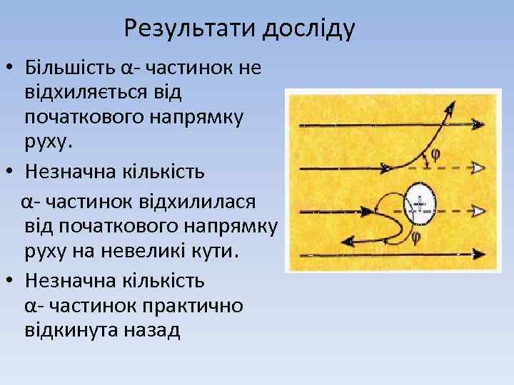 Результати досліду • Більшість α- частинок не відхиляється від початкового напрямку руху. • Незначна