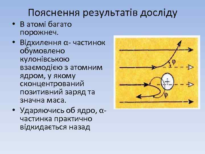 Пояснення результатів досліду • В атомі багато порожнеч. • Відхилення α- частинок обумовлено кулонівською