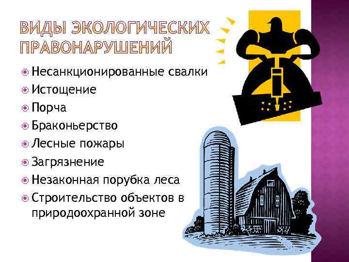  Несанкционированные свалки Истощение Порча Браконьерство Лесные пожары Загрязнение Незаконная порубка леса Строительство объектов