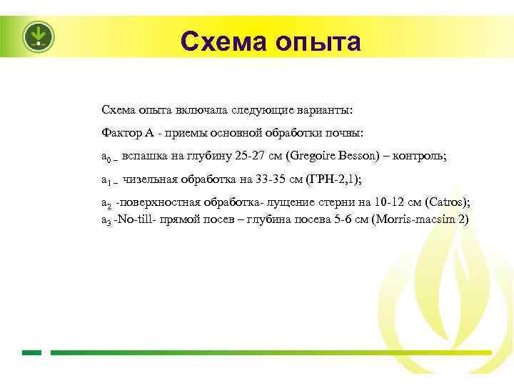 Схема опыта включала следующие варианты: Фактор А - приемы основной обработки почвы: а 0