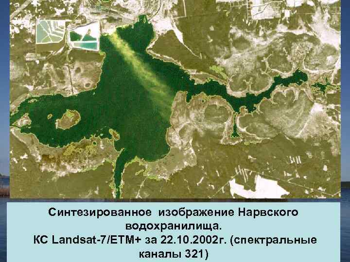 Синтезированное изображение Нарвского водохранилища. КС Landsat-7/ETM+ за 22. 10. 2002 г. (спектральные каналы 321)