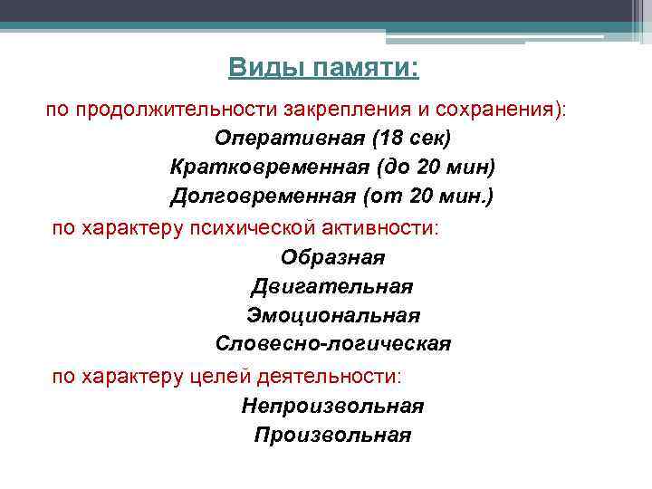 Виды памяти: по продолжительности закрепления и сохранения): Оперативная (18 сек) Кратковременная (до 20 мин)