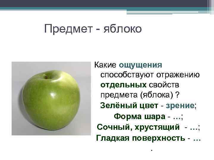 Предмет - яблоко Какие ощущения способствуют отражению отдельных свойств предмета (яблока) ? Зелёный цвет