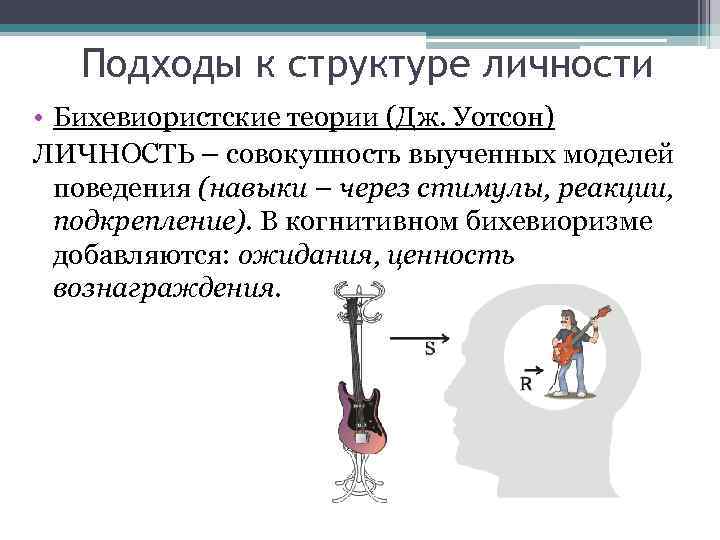 Подходы к структуре личности • Бихевиористские теории (Дж. Уотсон) ЛИЧНОСТЬ – совокупность выученных моделей