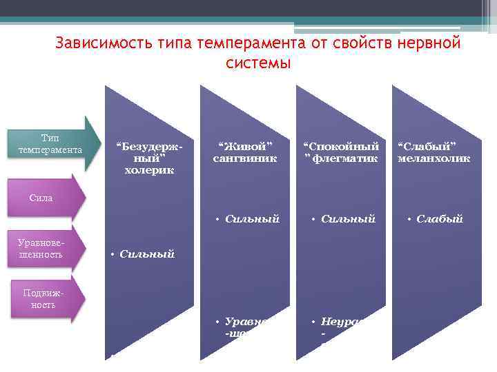 Зависимость типа темперамента от свойств нервной системы Тип темперамента “Живой” сангвиник “Спокойный ” флегматик