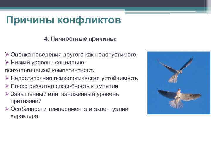 Причины конфликтов 4. Личностные причины: Ø Оценка поведения другого как недопустимого. Ø Низкий уровень